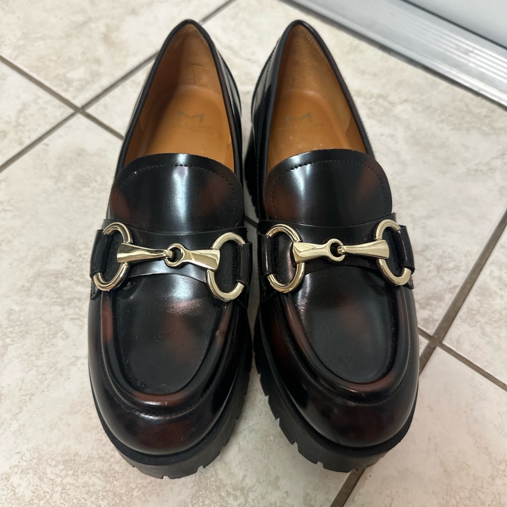 Marc Fisher Black-Brown Loafers with Gold Buckle